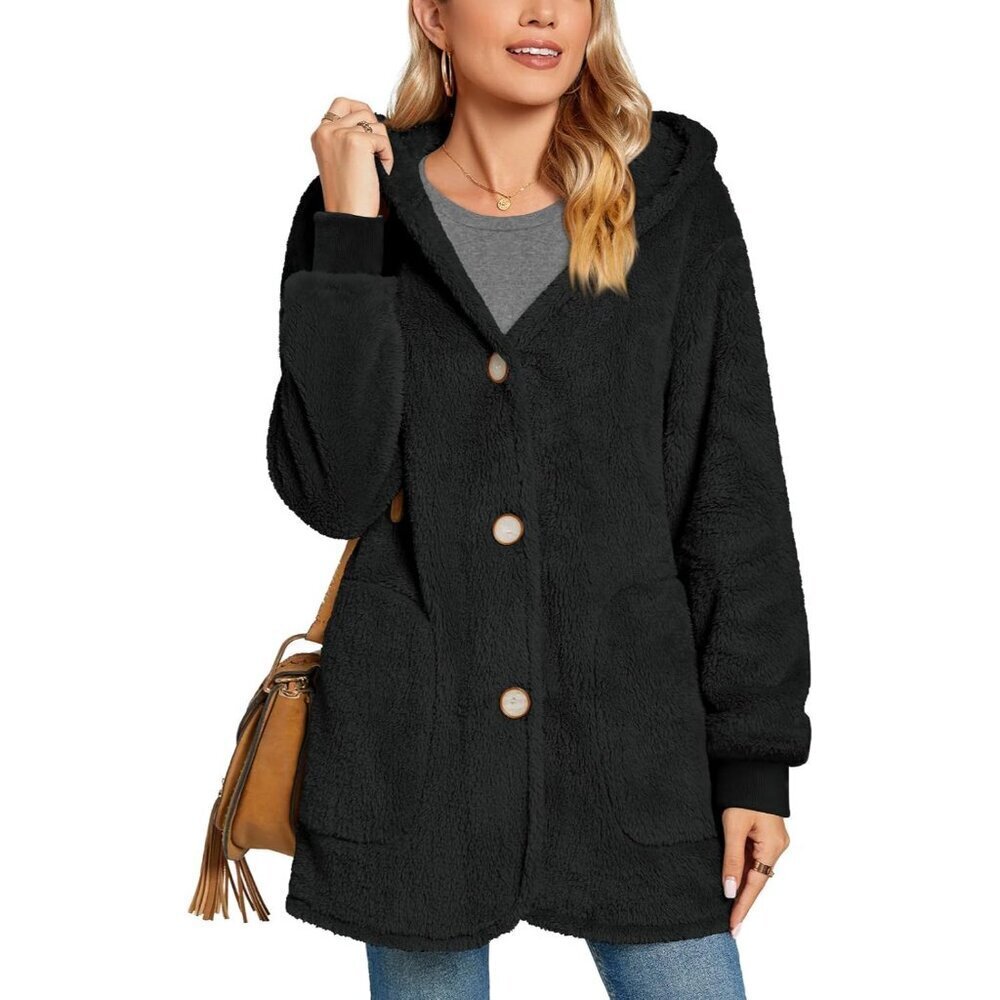 Women's Fleece Jacket Hooded Casual Coat Pockets Warm Polyester